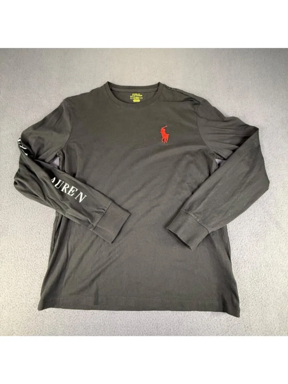 Polo Ralph Lauren Long Sleeve T-Shirt Black Big Pony Sleeve Print Mens Med EUC